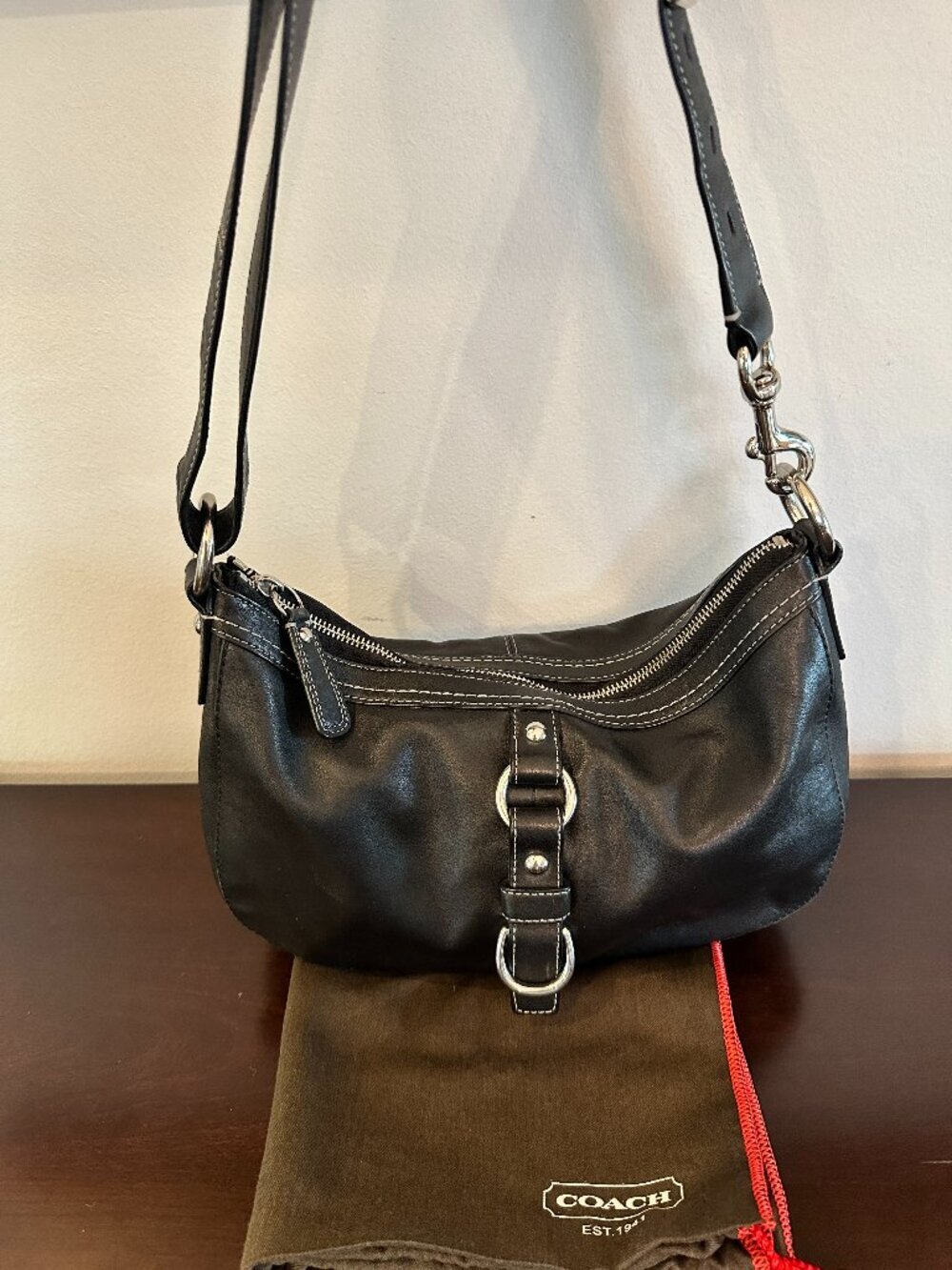 Auth COACH F14019 Black Leather Shoulder Crossbody Bag 2way Body Bag Vintage